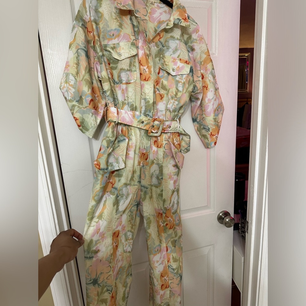 Floral long sleeve belted jumpsuit